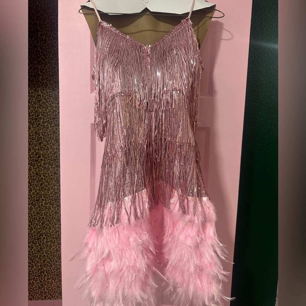Pink sequin fringe and feather dress - Picture 3 of 4